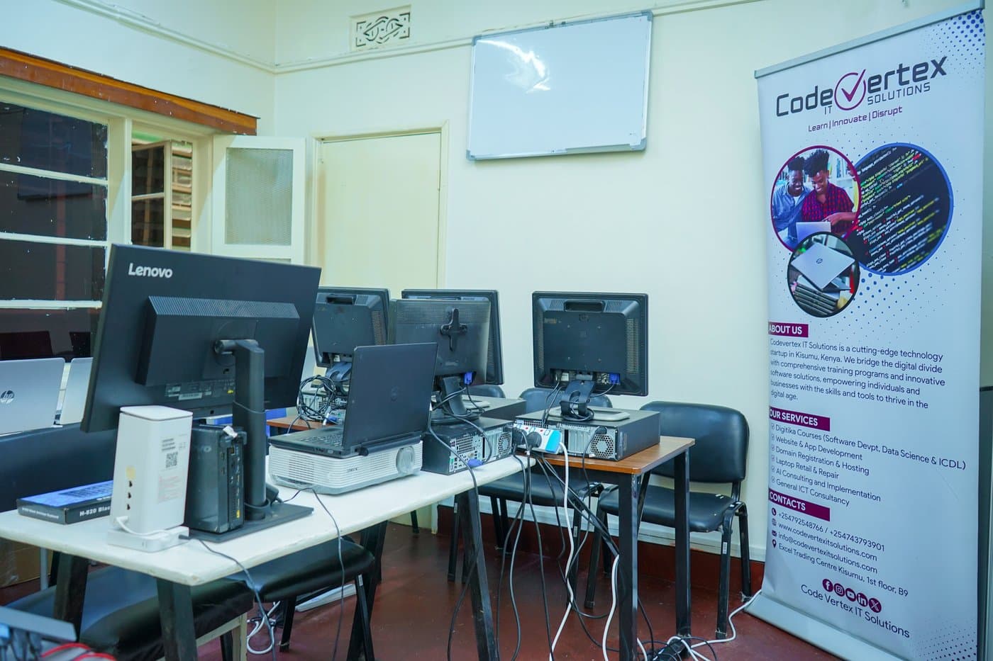 Codevertex Pioneer House computer lab — Lenovo workstations and fibre internet